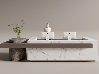 Front Desk Reception Area With Marble Counter And Receptionist Working On Computers 3d model