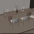Modern Minimalist Wooden Dining Table Set with Six White Back Chairs and Vase in Interior