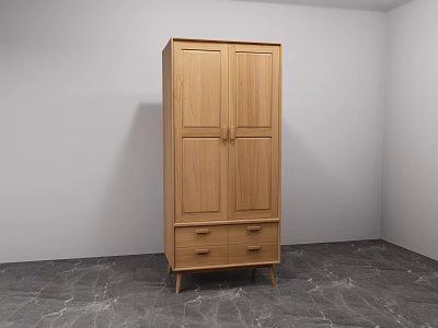 Natural Wood Double Door Wardrobe With Bottom Drawers And Leg Design On Marble Floor 3d model