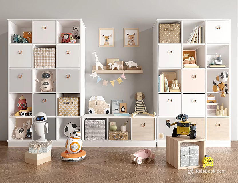 Kids Room Organized Bookcase With White Beige Storage Boxes Toys Books And Decorative 3d model 