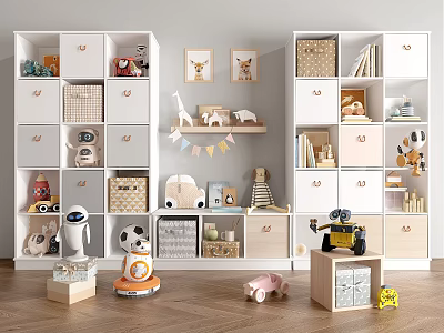Kids Room Organized Bookcase With White Beige Storage Boxes Toys Books And Decorative 3d model