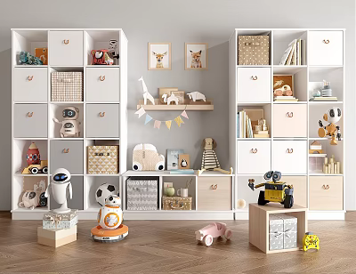 Kids Room Organized Bookcase With White Beige Storage Boxes Toys Books And Decorative 3d model