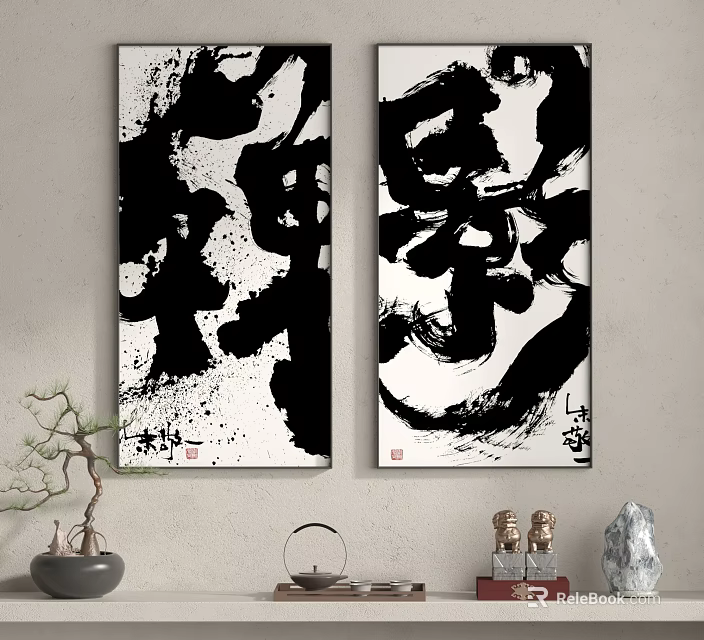 Zen Chinese Calligraphy Artworks with Potted Plant Tea Set Buddha Statues and Stone Ornament 3d model 