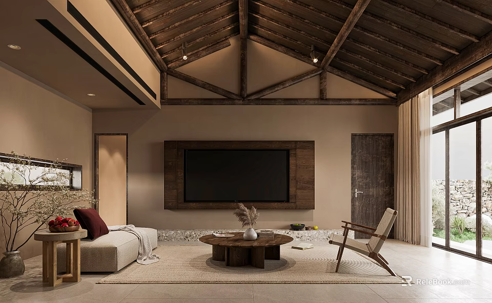Warm Living Room With Wooden Beamed Ceiling Sofa Coffee Table And TV Wall 3d model 