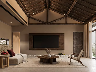 Warm Living Room With Wooden Beamed Ceiling Sofa Coffee Table And TV Wall 3d model