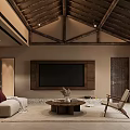Warm Living Room With Wooden Beamed Ceiling Sofa Coffee Table And TV Wall