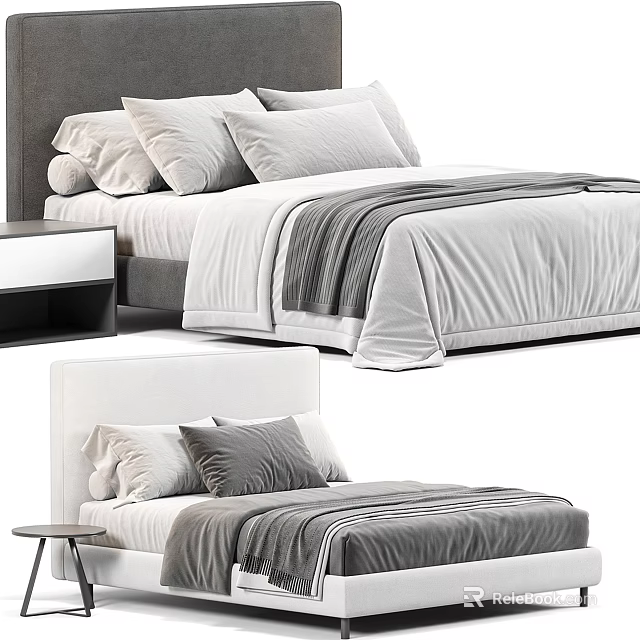 Modern Double Bed with Gray and White Bedding Multiple Pillows and Side Nightstand 3d model