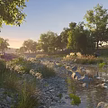 Tranquil Garden Landscape With Flowing Stream Scattered Rocks Lush Trees And Wildflowers