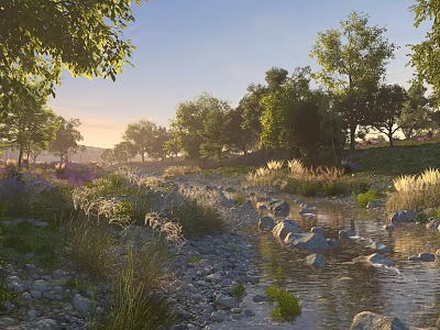 Tranquil Garden Landscape With Flowing Stream Scattered Rocks Lush Trees And Wildflowers 3d model