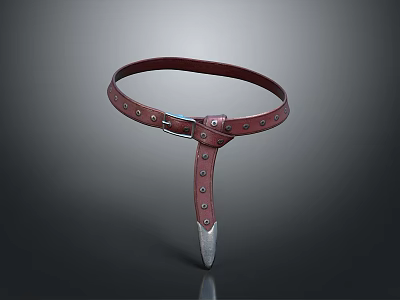 Burgundy Leather Belt With Adjustable Strap Metal Buckle Rivets And Metal Tip 3d model