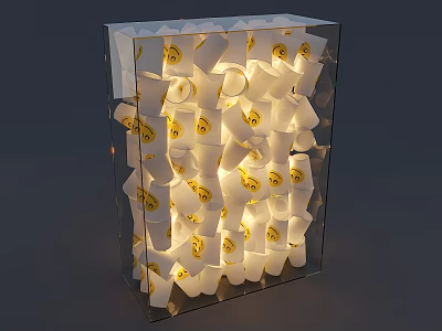 White Smiley Cups With Yellow Faces Stacked Inside Transparent Cube 3d model