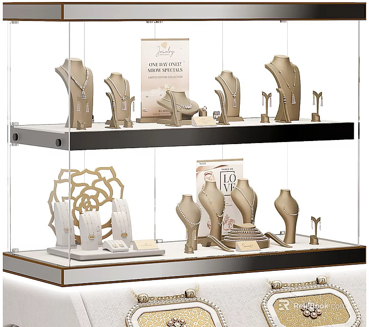 Jewelry Display Shelves with Transparent Showcase Layered Mannequin Stands and Label Cards 3d model 