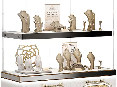 Jewelry Display Shelves with Transparent Showcase Layered Mannequin Stands and Label Cards 3d model