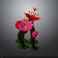 3D Rendered Cactus Plant With Red And Pink Flowers And Green Leaves Stems