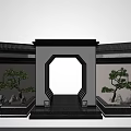 Traditional Chinese Garden Ornament With Moon Gate Arch Pine Trees Rockery And Stone Lanterns