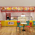 Bright Yellow Fast Food Counter With Glass Display Case Menu Posters And Food Items