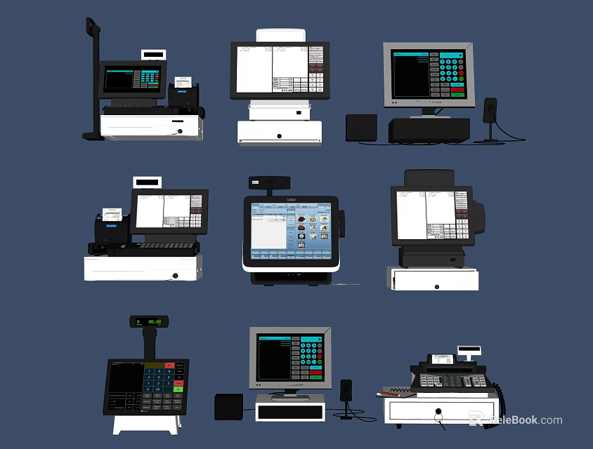 Modern Commercial Equipment Including Cash Registers POS Systems Displays Keyboards And Printers 3d model 
