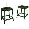 Two Green Metal Distressed Stools With Square Worn Surface And Sturdy Rustic Design 3d model