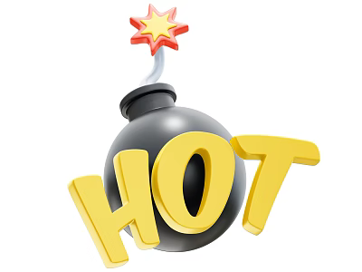 Black Bomb with Red Star Fuse on Top Displaying Yellow HOT Text 3d model