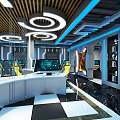 Modern Esports Gaming Cafe Design With Multiple Computers Blue Lighting And Yellow Seats