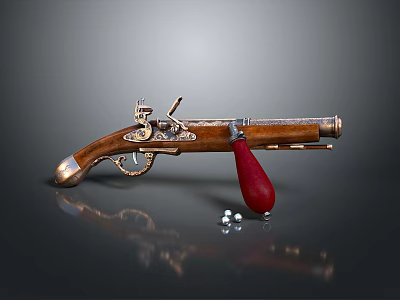 Antique Vintage Pistol Featuring Wooden Grip Metal Components and Red Accent 3d model