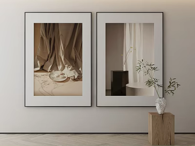 Two Framed Artworks On Wall With Fabric Plate Mirror And Plant On Wooden Stand 3d model