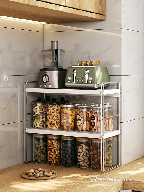 Stainless Steel Kitchen Shelf With Food Processor Toaster And Glass Jars For Pasta Nuts Storage 3d model 