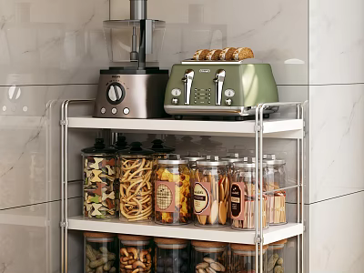 Stainless Steel Kitchen Shelf With Food Processor Toaster And Glass Jars For Pasta Nuts Storage 3d model