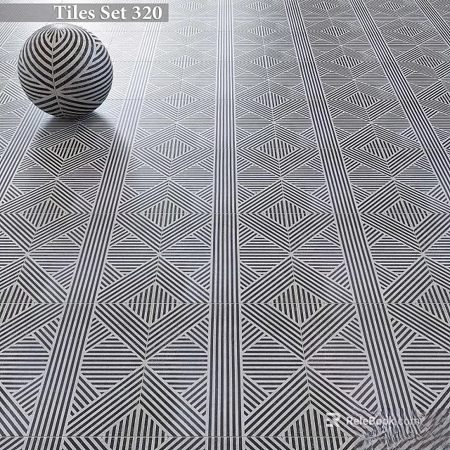 Geometric Floor Tile Design With Black And White Diamond Patterns And Decorative Sphere 3d model 