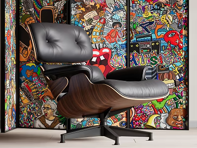 Classic Black Leather Single Chair With Wooden Armrests And Metal Base Against Colorful Graffiti Wall 3d model