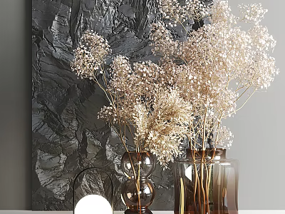 Brown Glass Vases With White Dried Flowers Against Dark Textured Wall And Small Lamp 3d model