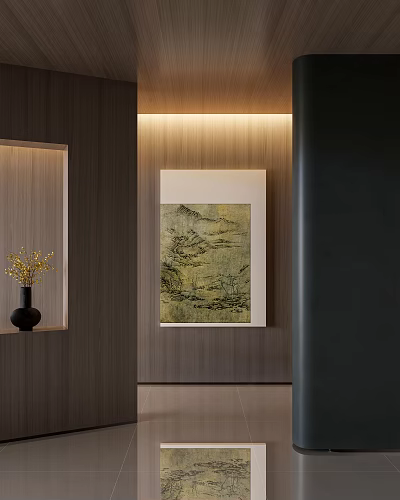Elegant Abstract Painting On Wooden Wall With Warm Lighting In Minimalist Interior Decor 3d model