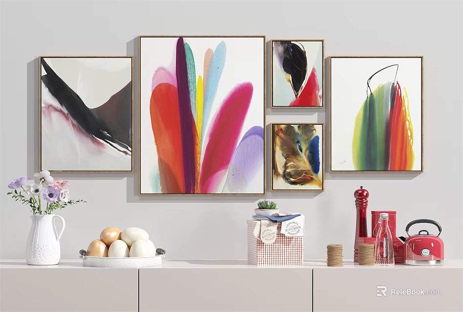 Colorful Modern Abstract Paintings With Various Shapes Hanging On Wall With Decorative Items Below 3d model 