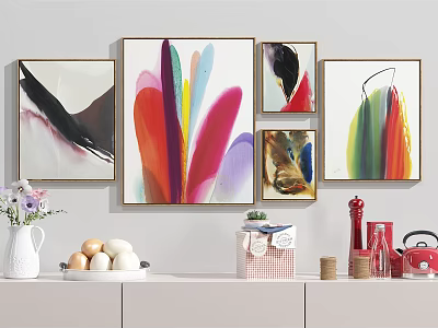 Colorful Modern Abstract Paintings With Various Shapes Hanging On Wall With Decorative Items Below 3d model