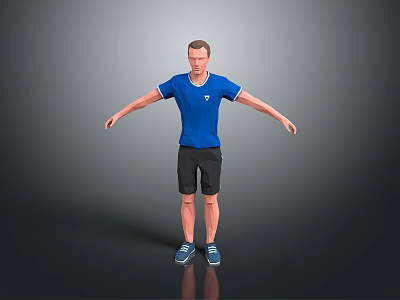 Man In Blue T-shirt And Black Shorts With Arms Outstretched On Gray Gradient Background 3d model