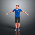 Man In Blue T-shirt And Black Shorts With Arms Outstretched On Gray Gradient Background