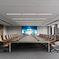 Modern Conference Room Interior With Long Table Leather Chairs Ceiling Lights And Large Screen Windows 3d model