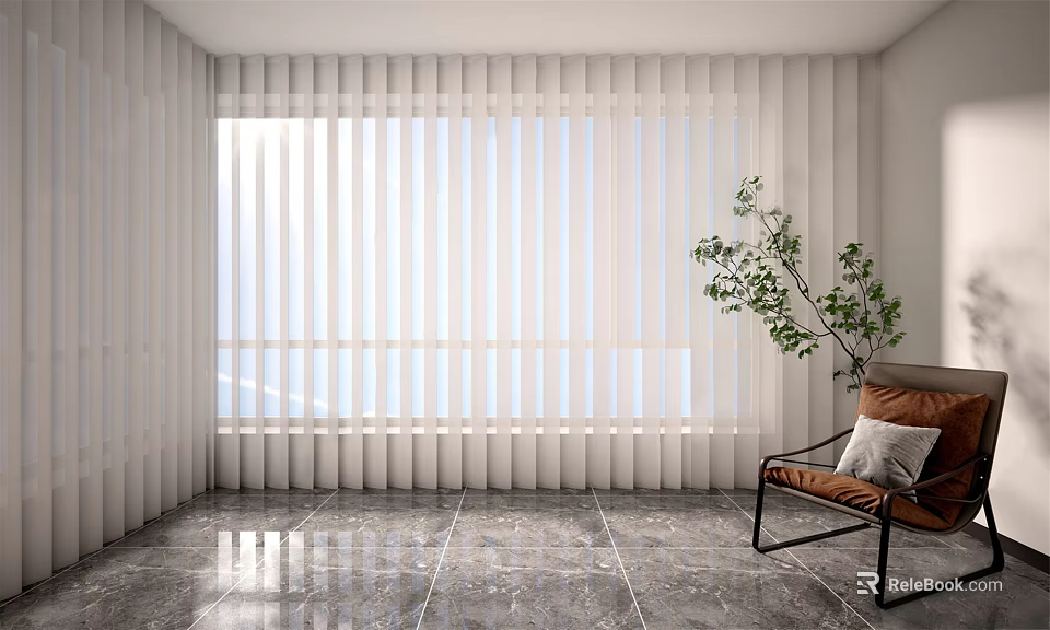 White Vertical Blinds In Bright Interior With Marble Floor And Green Plant 3d model 