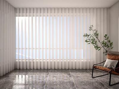 White Vertical Blinds In Bright Interior With Marble Floor And Green Plant 3d model
