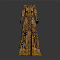 Elegant Yellow Long Dress With Black Floral Pattern And Blue Cuffs