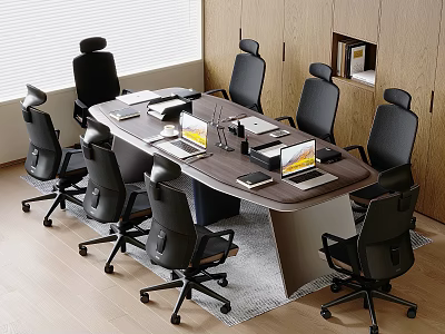 Modern Conference Room Interior Design With Wooden Table Office Chairs And Laptops 3d model
