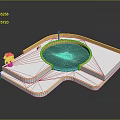 Modern Circular Water Pool Design With White Platform Small Plant Lamp Post And Figure