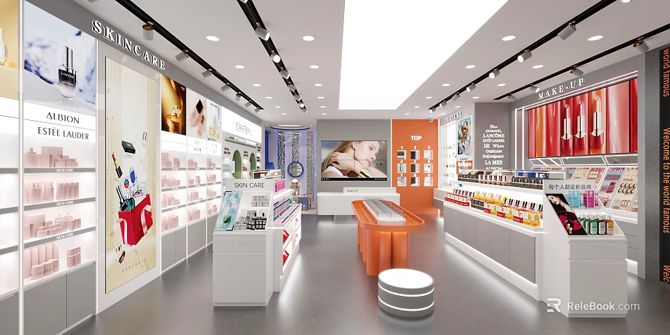 Beauty Store Interior Design With Product Shelves Showcases And Bright Lighting 3d model 