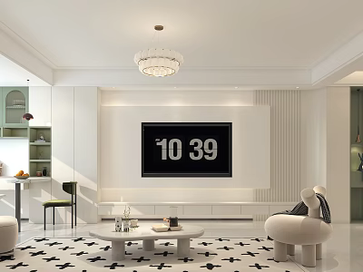 Bright Minimalist Cream Tone Living Room With Elegant Furniture And Simple TV Background Wall 3d model