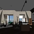 Modern Office Interior With Green Cushioned Sofa Coffee Table Potted Plant And Workstation Desk