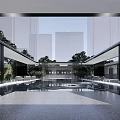 Modern Sales Office Building with Streamlined Design Urban Plaza Marble Flooring Greenery and Ambient Lighting