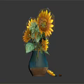 Teal And Brown Vase With Sunflowers And Fallen Petals On Gray Background