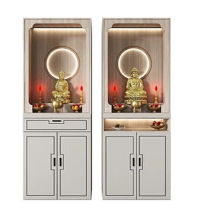 Elegant Buddhist Shrine Cabinet With Golden Buddha Statue Circular Light Candles And Offerings 3d model