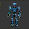 Blue Sci Fi Robot Game Movie Character With Glowing Mechanical Armor And Joints