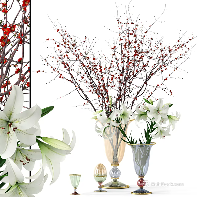 White Lilies And Red Berry Branches In Decorative Glass Vases For Indoor Decoration 3d model 